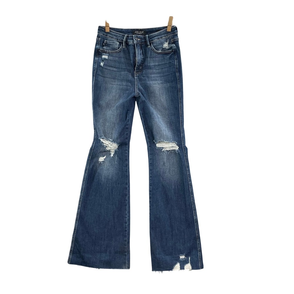Judy Blue Flare Jeans Womens 9/29 Blue Distressed High Rise Western 70s Boho Y2K